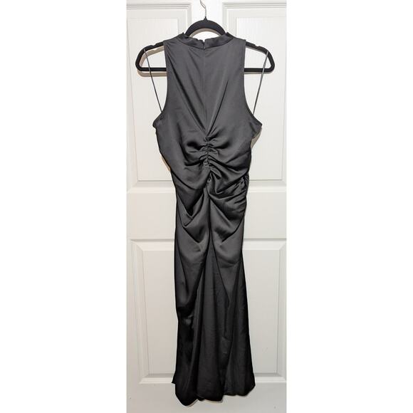 CeCe Black Satin Mock Neck Sleeveless Drape Ruched Sheath Midi Dress Size 10 - Picture 7 of 11